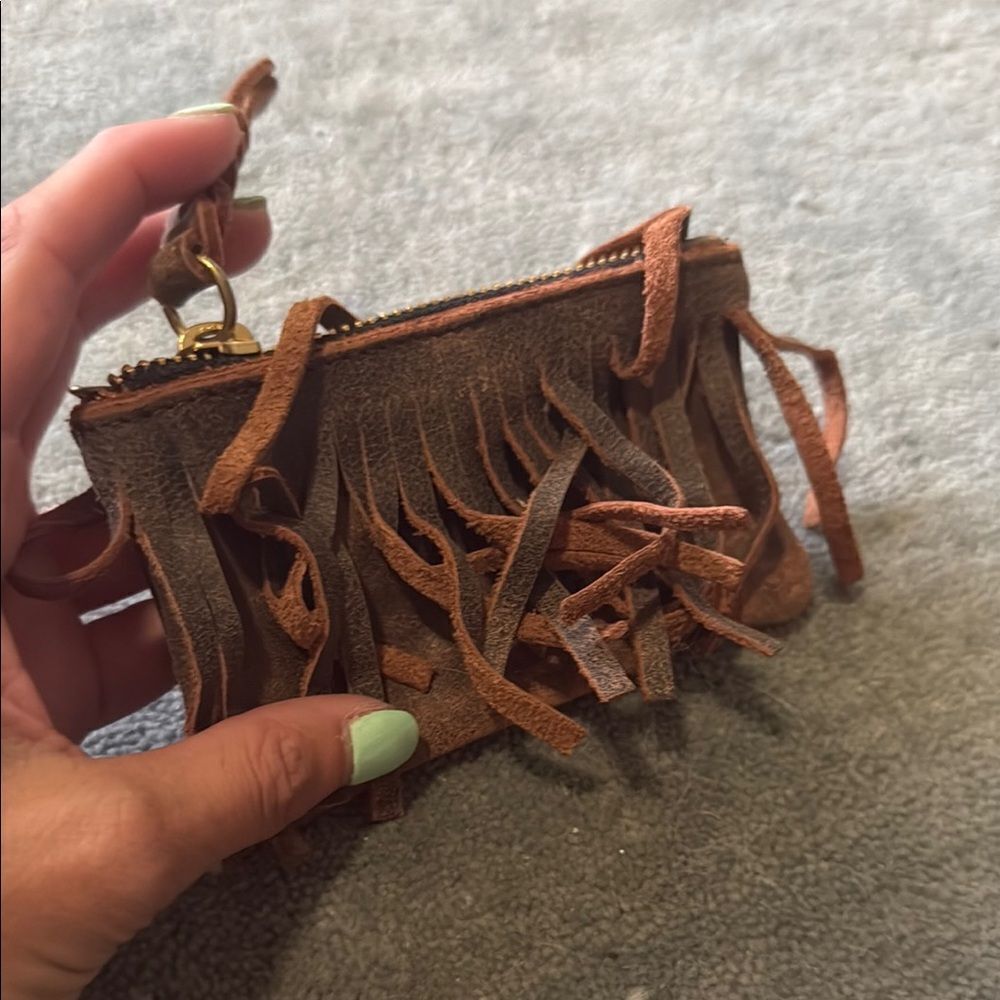 Fringed Brown Leather Card Holder Key Chain Wallet LEATHER NWOT